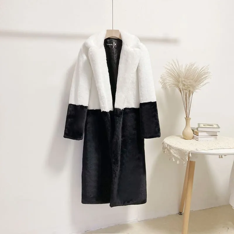 Faux Fur Coats For Women Turndown Collar Long Sleeves Casual Two Tone Stretch V Neck White Long Coat