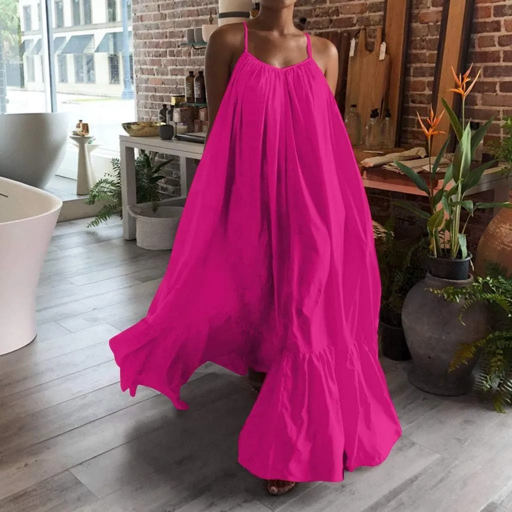 Flowy Maxi Dress Casual Y2K Boho Spaghetti Strap Beach Long Dress Sleeveless Vintage Tiered Plus Size Swing Dresses