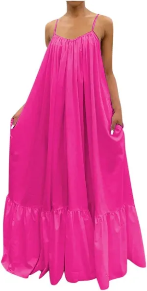 Flowy Maxi Dress Casual Y2K Boho Spaghetti Strap Beach Long Dress Sleeveless Vintage Tiered Plus Size Swing Dresses