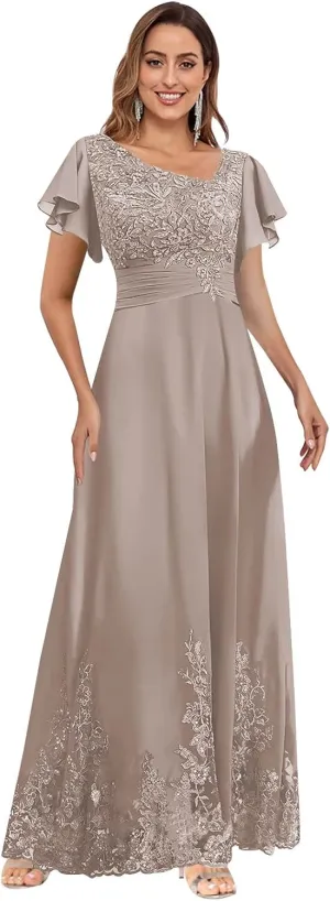 Flutter Sleeve Mother of The Bride Dresses for Wedding V Neck Lace Appliques Chiffon Long Formal Dress