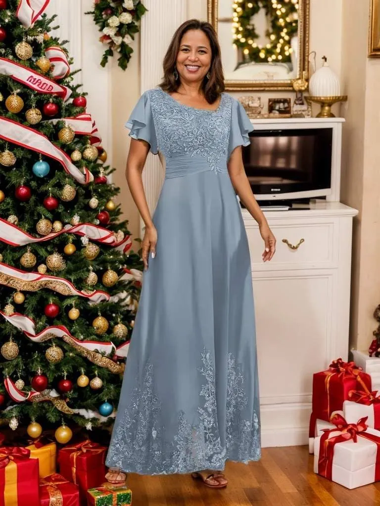 Flutter Sleeve Mother of The Bride Dresses for Wedding V Neck Lace Appliques Chiffon Long Formal Dress