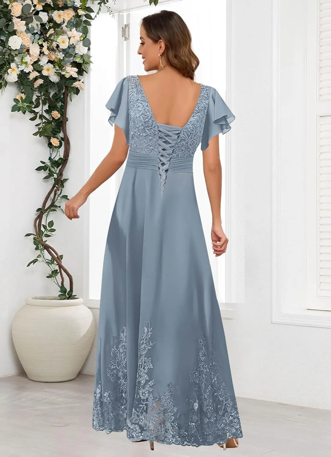 Flutter Sleeve Mother of The Bride Dresses for Wedding V Neck Lace Appliques Chiffon Long Formal Dress
