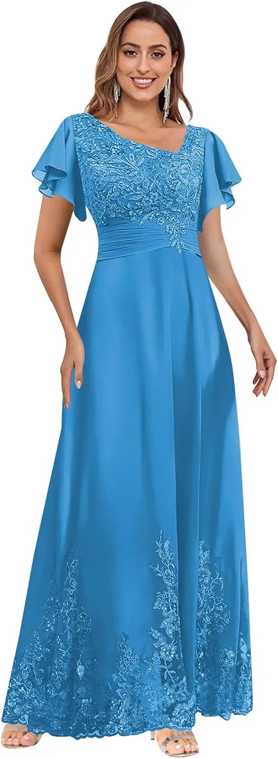 Flutter Sleeve Mother of The Bride Dresses for Wedding V Neck Lace Appliques Chiffon Long Formal Dress