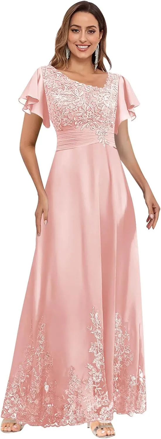 Flutter Sleeve Mother of The Bride Dresses for Wedding V Neck Lace Appliques Chiffon Long Formal Dress