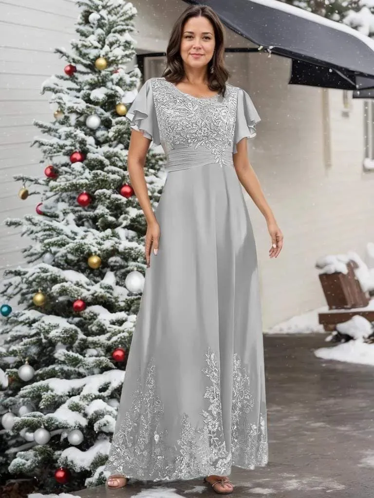 Flutter Sleeve Mother of The Bride Dresses for Wedding V Neck Lace Appliques Chiffon Long Formal Dress
