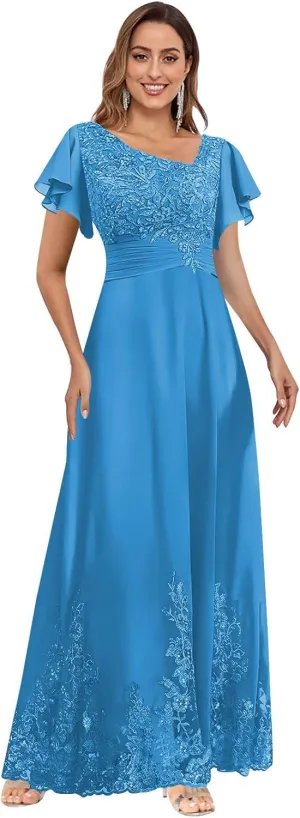 Flutter Sleeve Mother of The Bride Dresses for Wedding V Neck Lace Appliques Chiffon Long Formal Dress