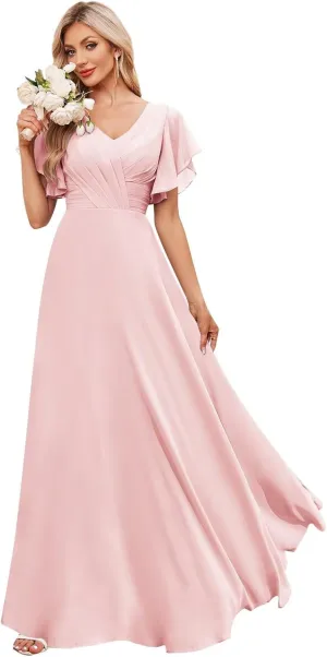 Flutter Sleeves Chiffon Bridesmaid Dresses Long with Pockets A-Line V Neck Formal Wedding Guest Dresses for Women