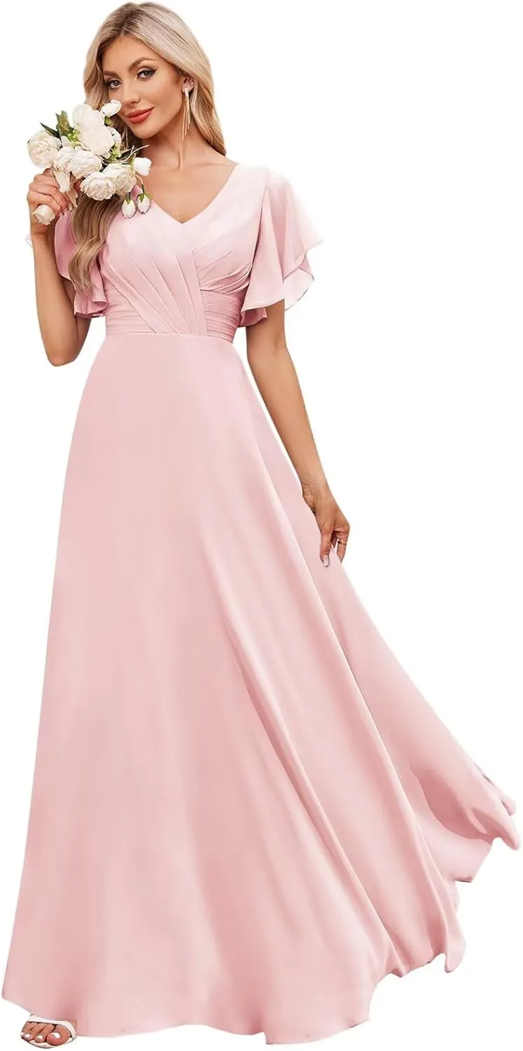 Flutter Sleeves Chiffon Bridesmaid Dresses Long with Pockets A-Line V Neck Formal Wedding Guest Dresses for Women