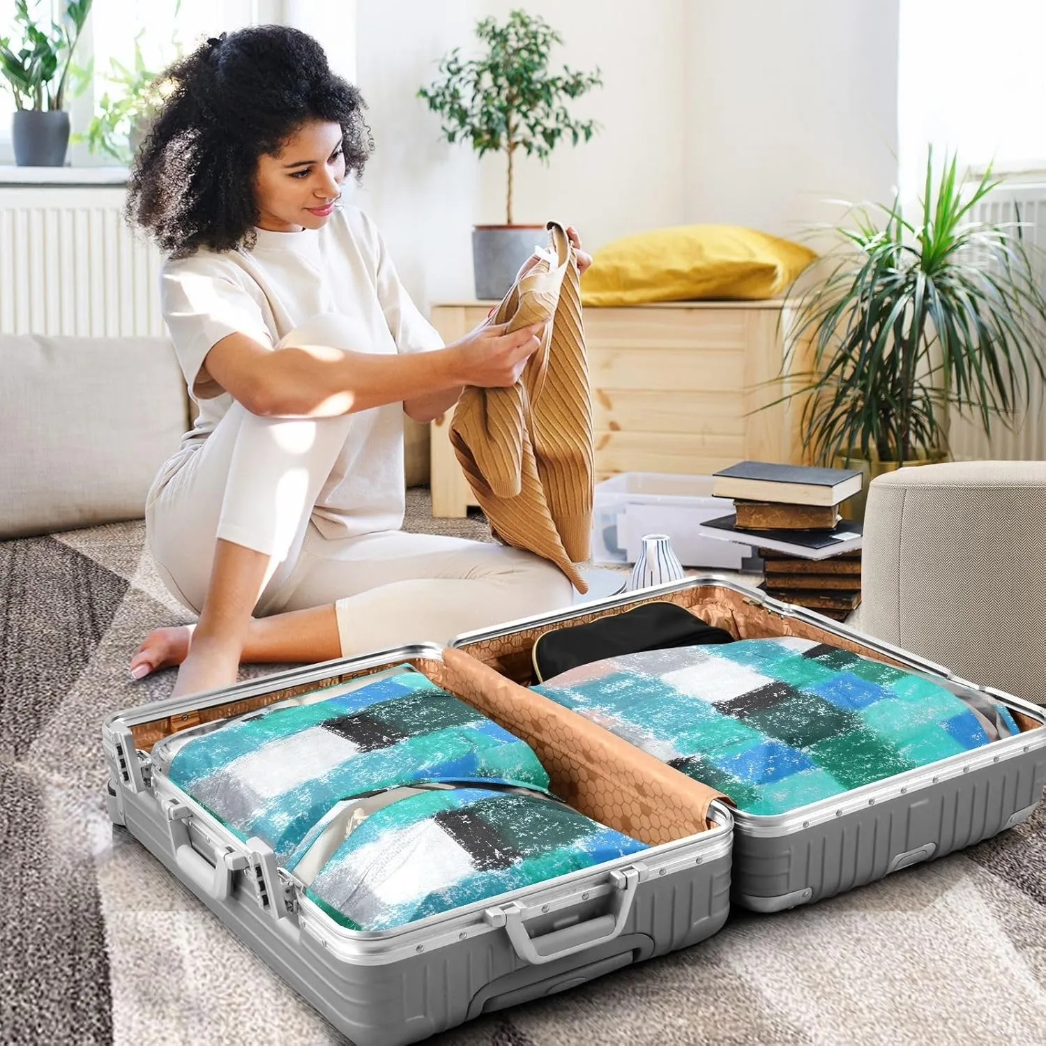 Garment Bag Closet Storage, Luggage Space Saver, Checkered Plaid Blue Green, Waterproof, 3 Set Travel Packing Cubes For Suitcases,Organizadores De Maletas Para
