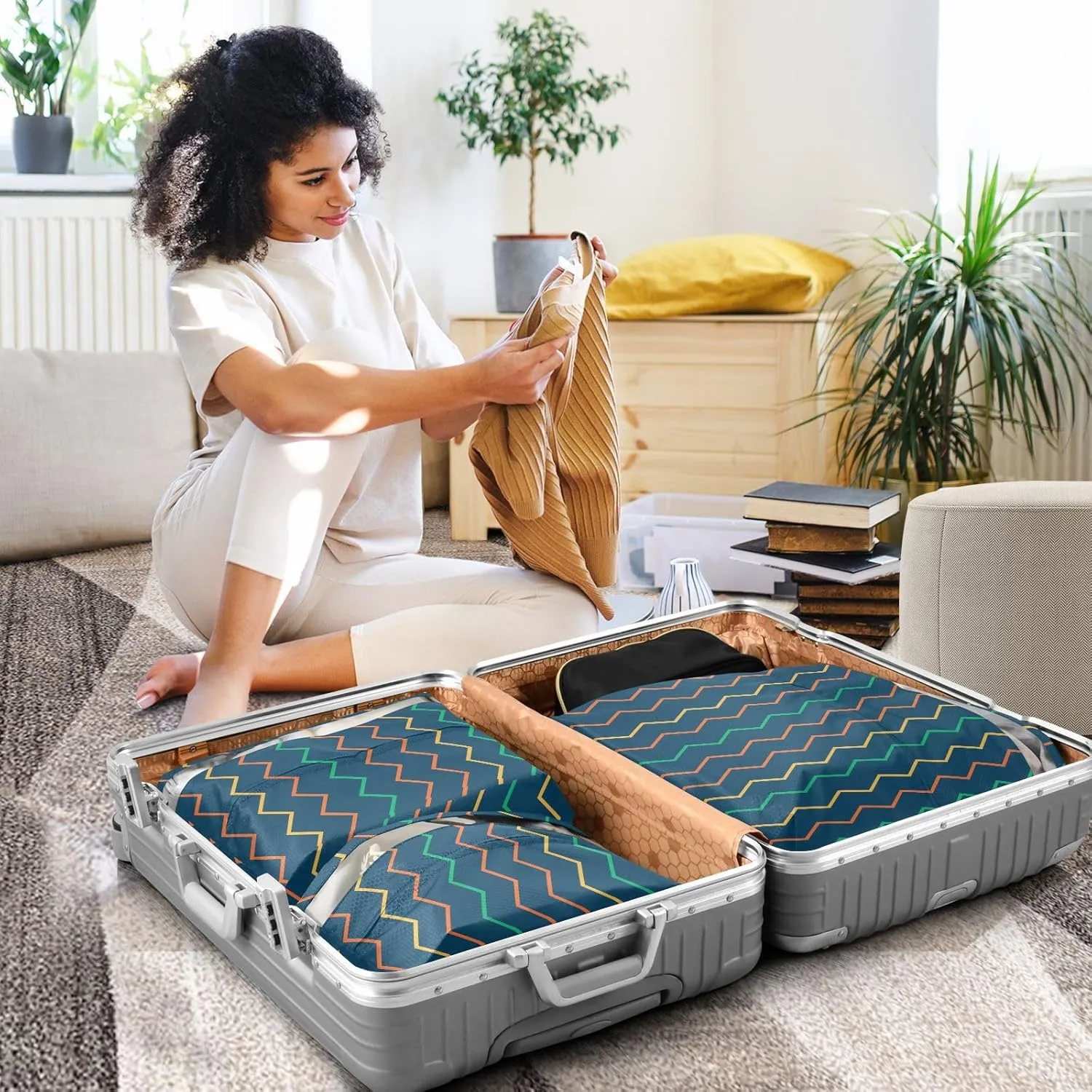 Garment Bag Closet Storage, Luggage Space Saver, Colorful Wave Pattern, Waterproof, 3 Set Travel Packing Cubes For Suitcases, Luggages Management Personnel