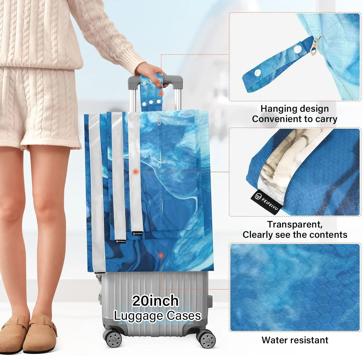 Garment Bag Closet Storage, Luggage Space Saver, Green Blue Marble Texture, Waterproof, 3 Set Travel Packing Cubes For Suitcases, Luggages Management Personnel