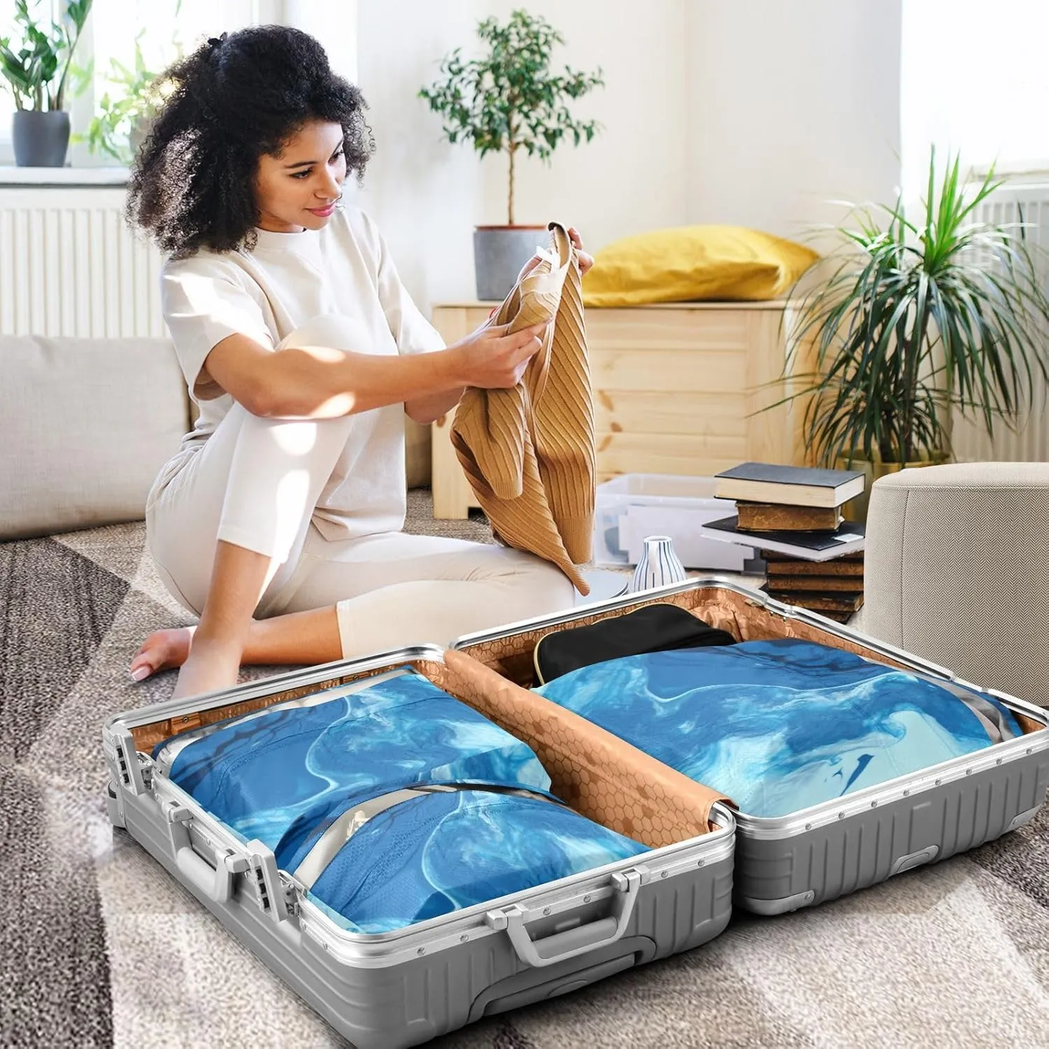 Garment Bag Closet Storage, Luggage Space Saver, Green Blue Marble Texture, Waterproof, 3 Set Travel Packing Cubes For Suitcases, Luggages Management Personnel