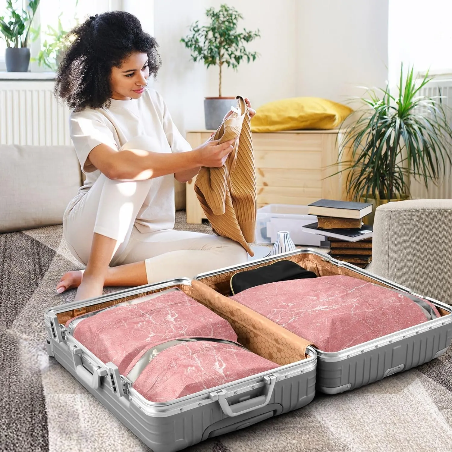 Garment Bag Closet Storage, Luggage Space Saver, Pink Marble Stone with White, Waterproof, 3 Set Travel Packing Cubes For Suitcases, Luggages Management Personnel