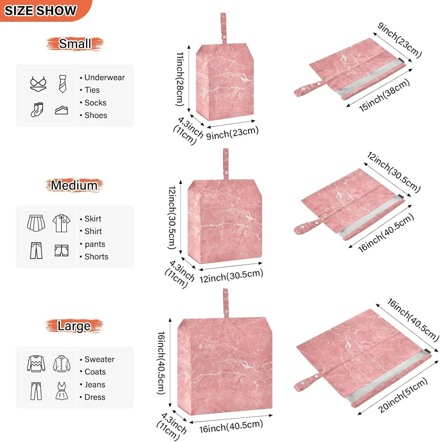 Garment Bag Closet Storage, Luggage Space Saver, Pink Marble Stone with White, Waterproof, 3 Set Travel Packing Cubes For Suitcases, Luggages Management Personnel