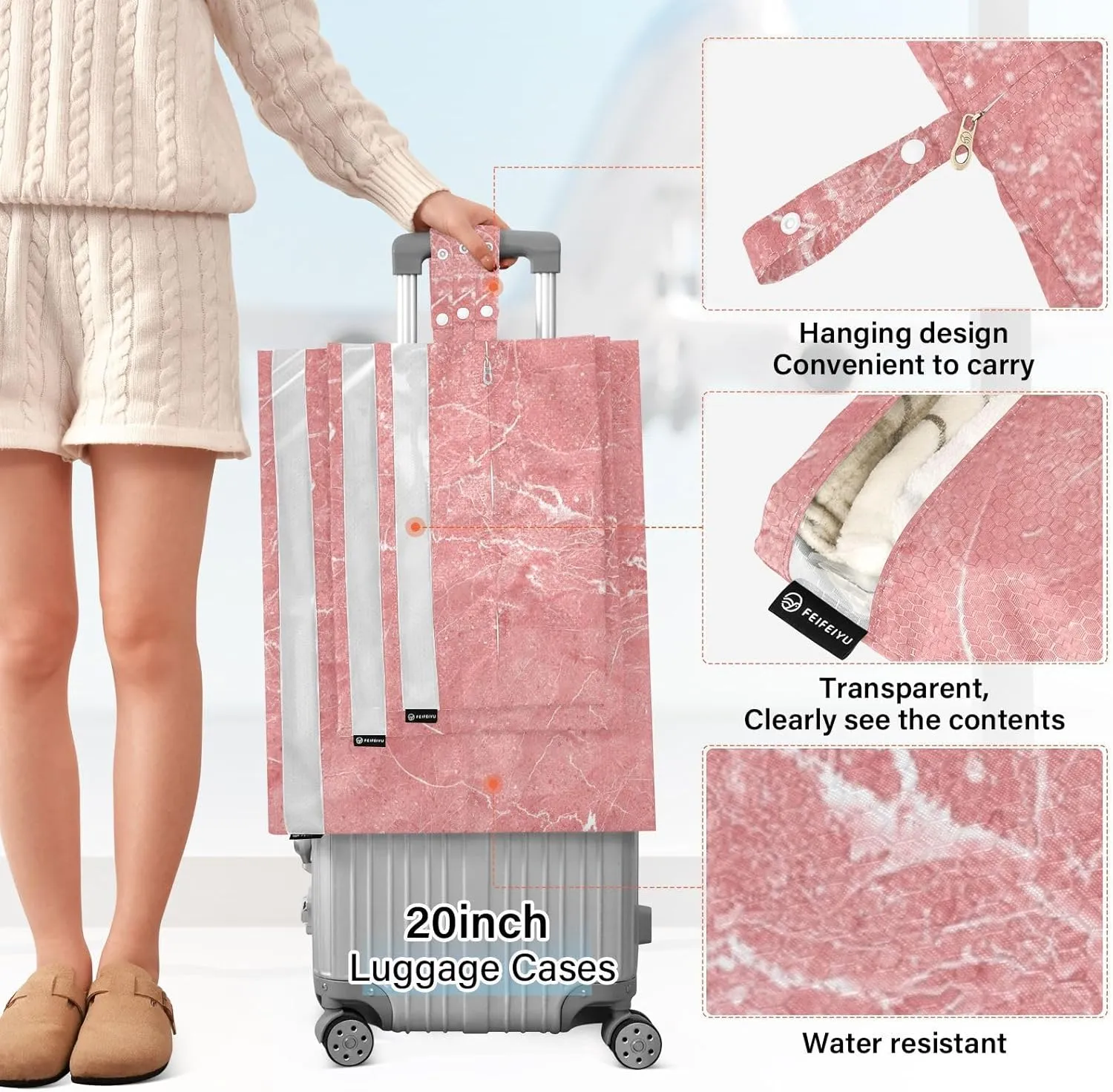 Garment Bag Closet Storage, Luggage Space Saver, Pink Marble Stone with White, Waterproof, 3 Set Travel Packing Cubes For Suitcases, Luggages Management Personnel