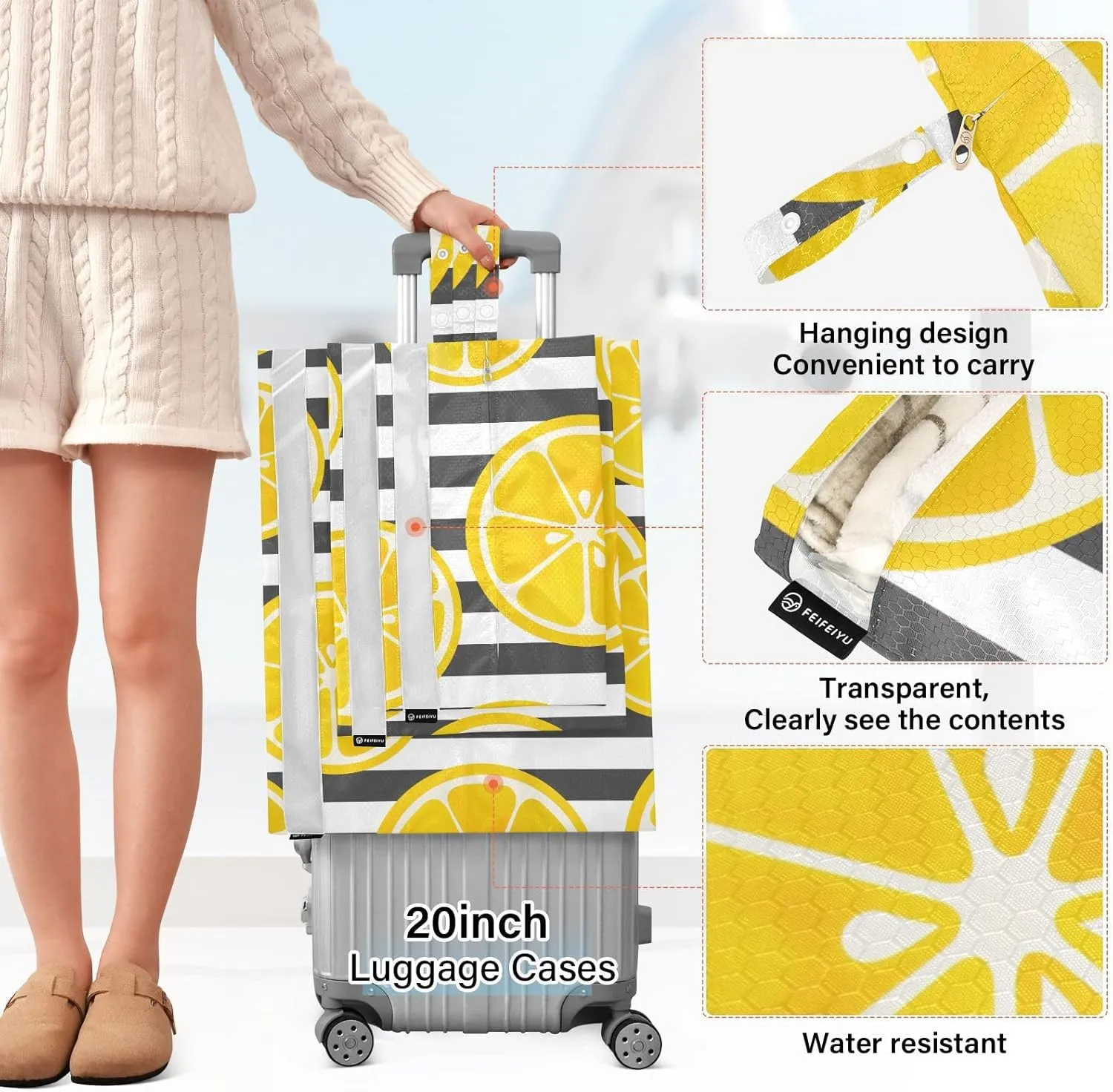 Garment Bag Closet Storage, Luggage Space Saver, Yellow Lemon Slices Stripe, Waterproof, 3 Set Travel Packing Cubes For Suitcases, Luggages Management Personnel