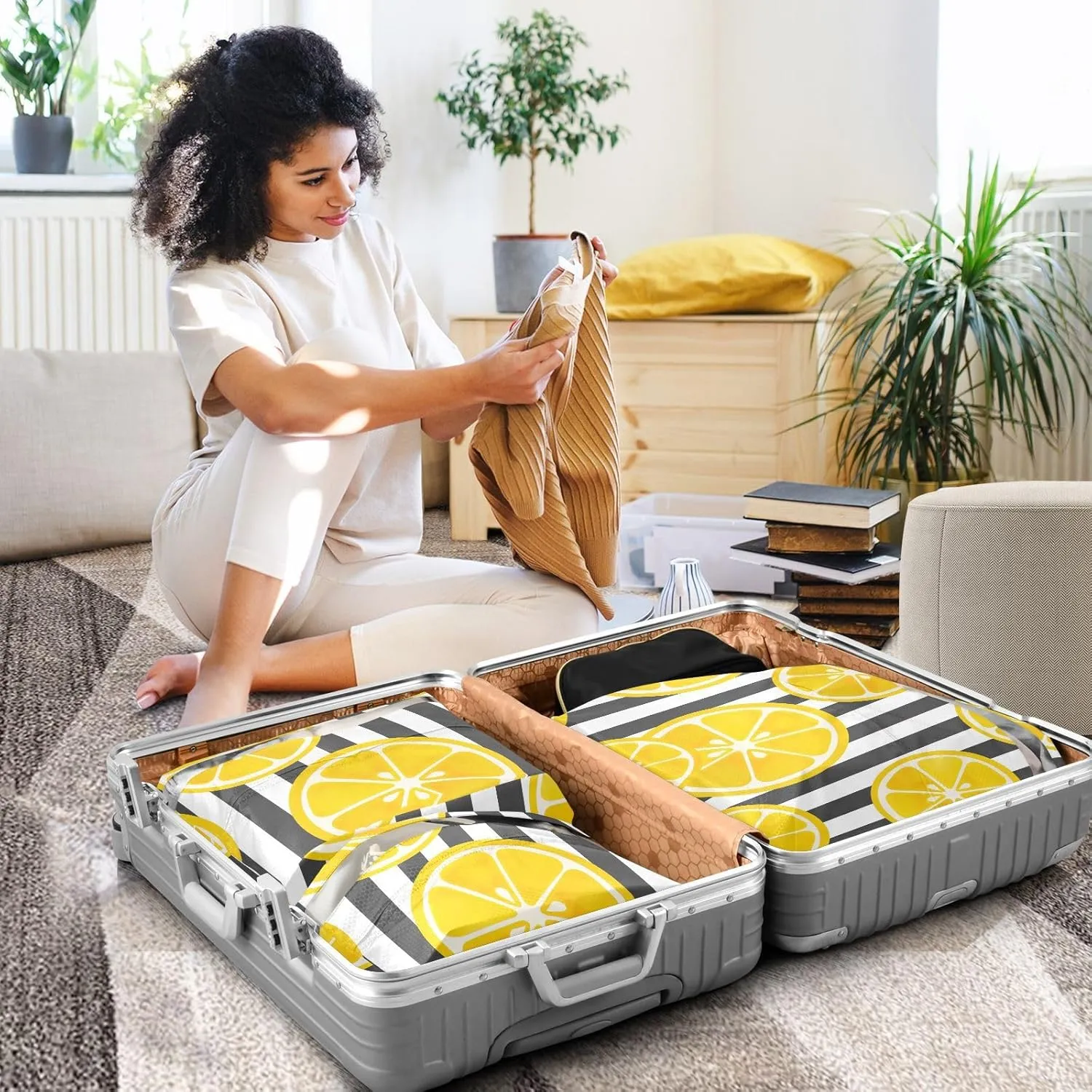 Garment Bag Closet Storage, Luggage Space Saver, Yellow Lemon Slices Stripe, Waterproof, 3 Set Travel Packing Cubes For Suitcases, Luggages Management Personnel