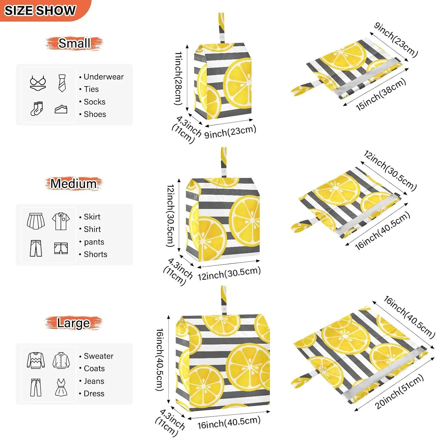 Garment Bag Closet Storage, Luggage Space Saver, Yellow Lemon Slices Stripe, Waterproof, 3 Set Travel Packing Cubes For Suitcases, Luggages Management Personnel