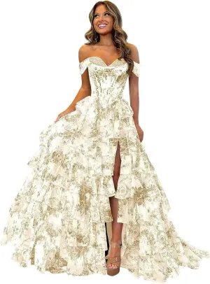 GATMAHETiered Chifon Floral Prom Dress for Women Off Shoulder A Line Corset Formal Evening Gown with Slit
