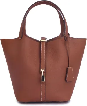 Genuine Leather Bucket Bag for Women Stylish Lock Tote Handbag with Lychee Texture for Office or Travel