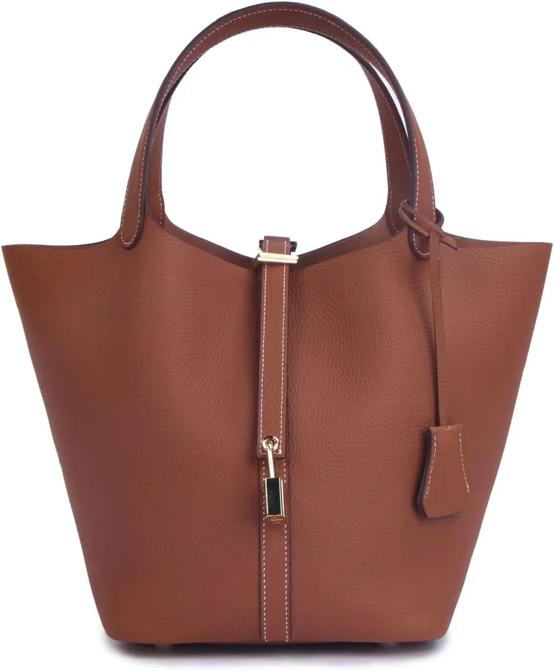 Genuine Leather Bucket Bag for Women Stylish Lock Tote Handbag with Lychee Texture for Office or Travel