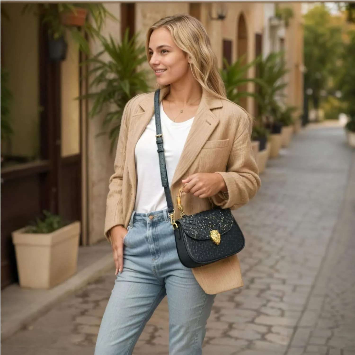 Genuine Ostrich Leather Purse for Women  Stylish Bamboo Top-handle Satchel Handbag, Portable Small Saddle Bag Shoulder