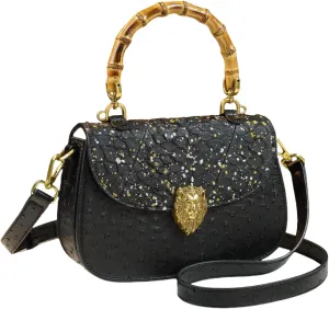 Genuine Ostrich Leather Purse for Women  Stylish Bamboo Top-handle Satchel Handbag, Portable Small Saddle Bag Shoulder