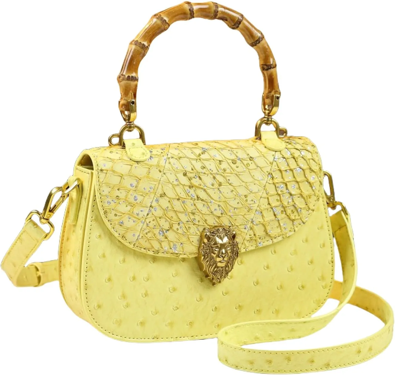 Genuine Ostrich Leather Purse for Women  Stylish Bamboo Top-handle Satchel Handbag, Portable Small Saddle Bag Shoulder