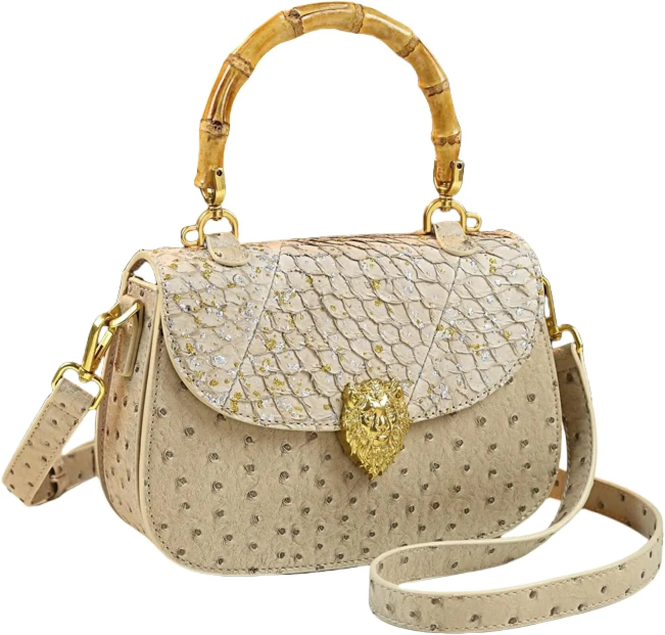 Genuine Ostrich Leather Purse for Women  Stylish Bamboo Top-handle Satchel Handbag, Portable Small Saddle Bag Shoulder