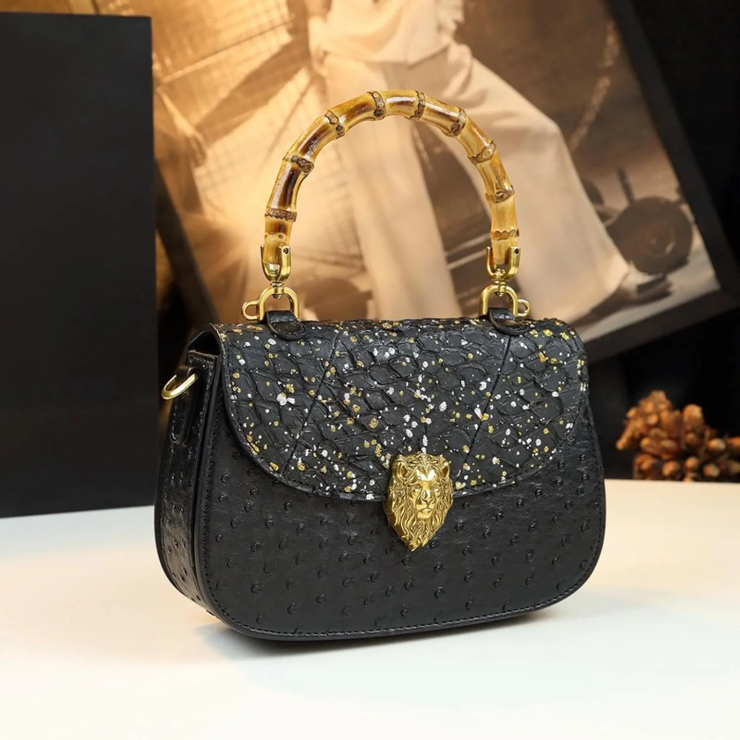 Genuine Ostrich Leather Purse for Women  Stylish Bamboo Top-handle Satchel Handbag, Portable Small Saddle Bag Shoulder