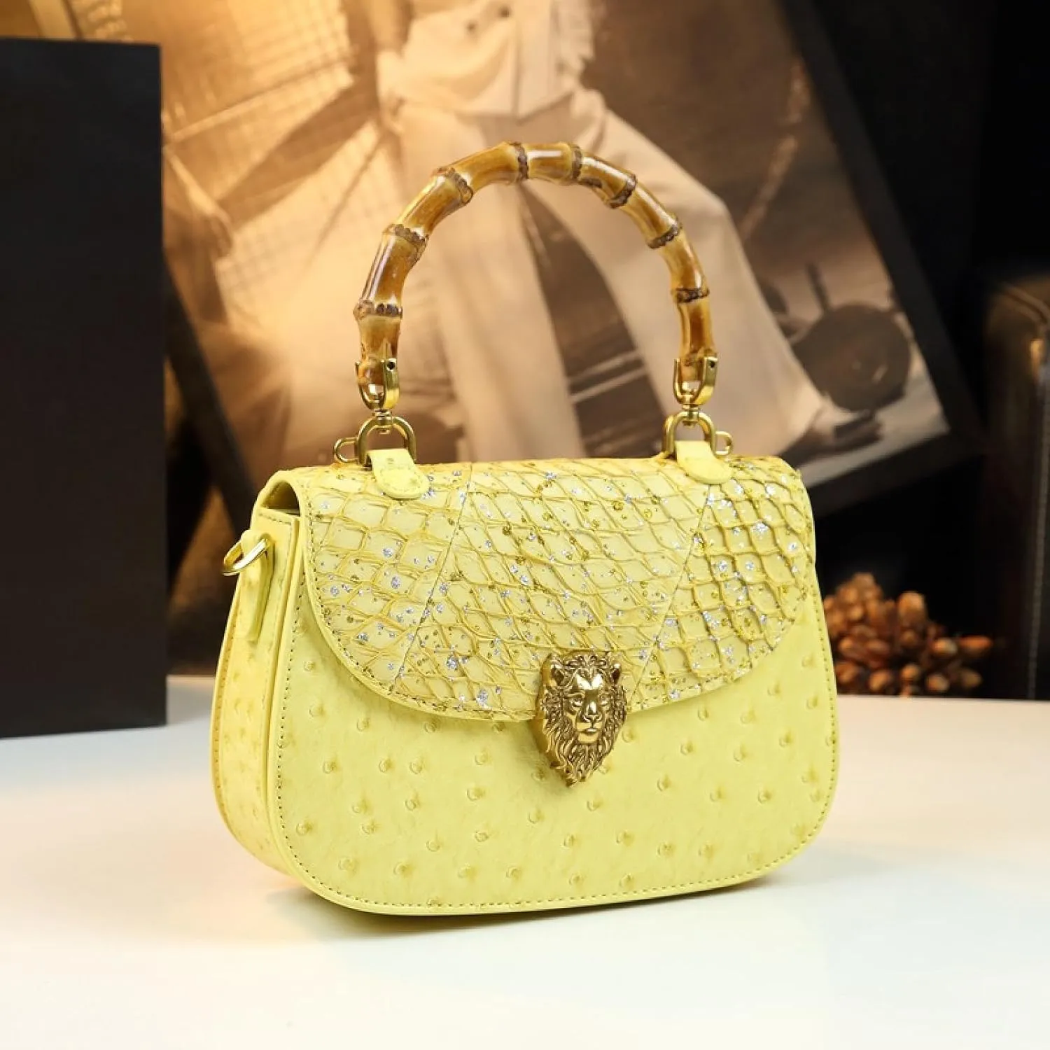 Genuine Ostrich Leather Purse for Women  Stylish Bamboo Top-handle Satchel Handbag, Portable Small Saddle Bag Shoulder