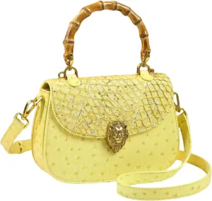 Genuine Ostrich Leather Purse for Women  Stylish Bamboo Top-handle Satchel Handbag, Portable Small Saddle Bag Shoulder
