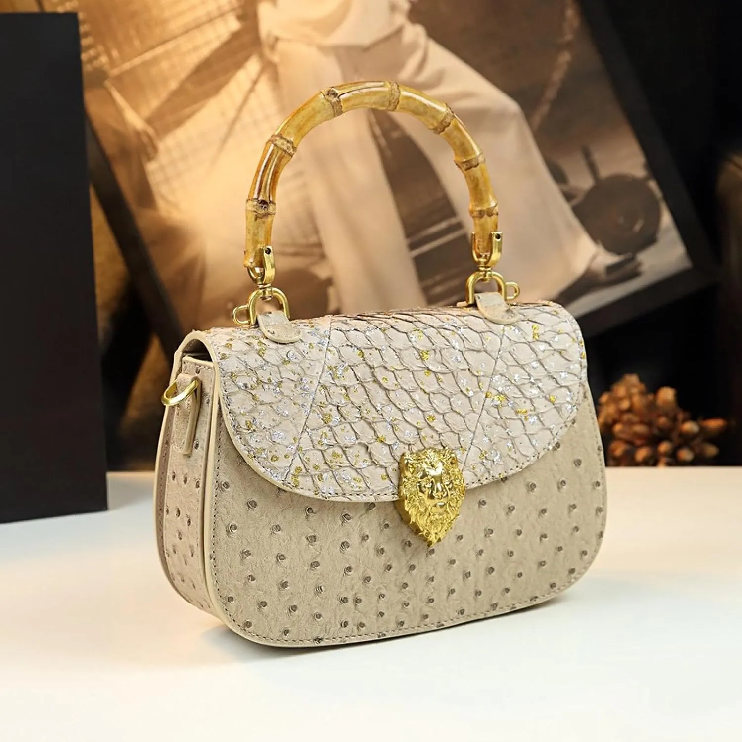 Genuine Ostrich Leather Purse for Women  Stylish Bamboo Top-handle Satchel Handbag, Portable Small Saddle Bag Shoulder