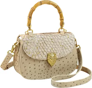 Genuine Ostrich Leather Purse for Women  Stylish Bamboo Top-handle Satchel Handbag, Portable Small Saddle Bag Shoulder