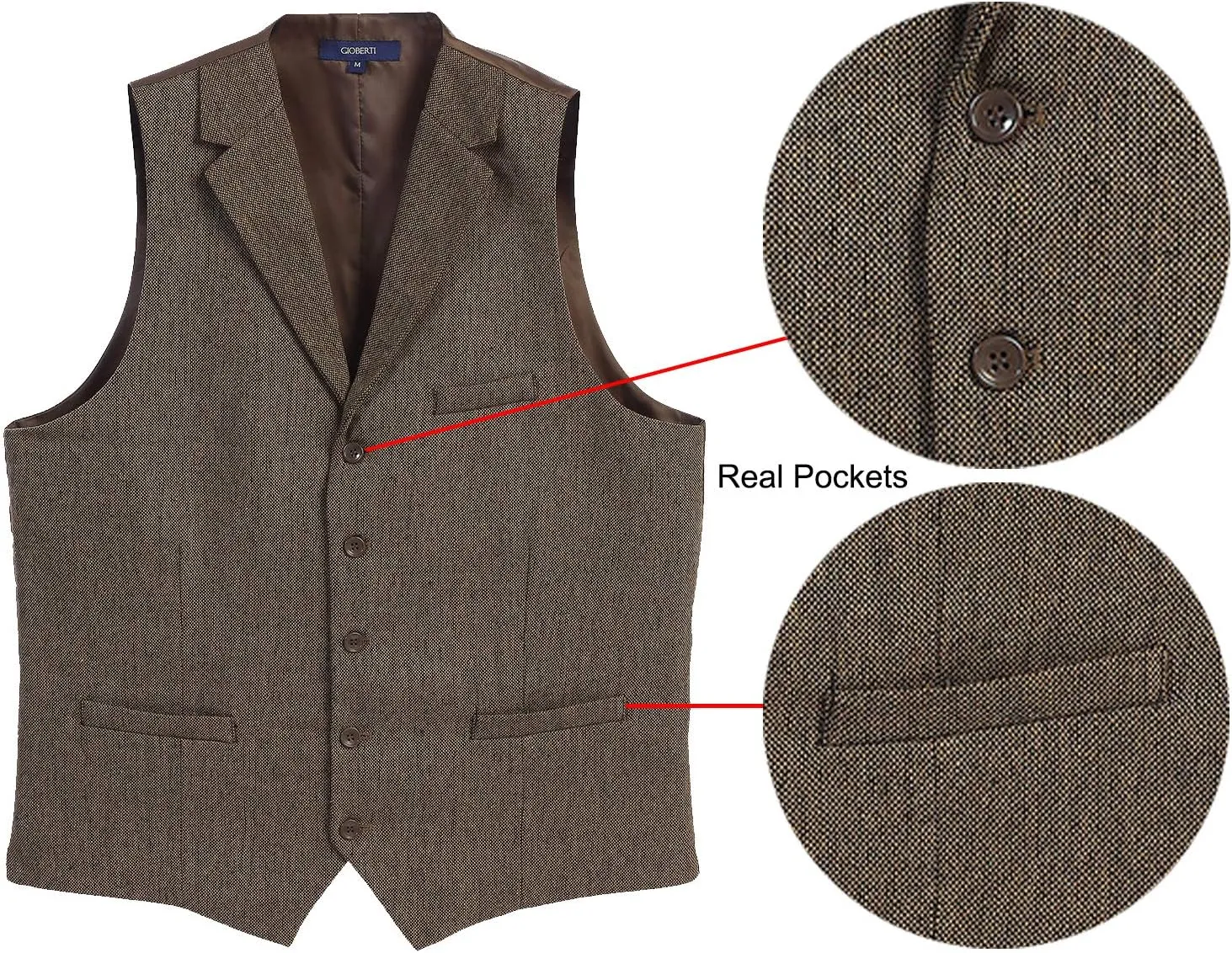 Gioberti Men's 5 Button Tailored Collar Slim Fit Formal Herringbone Tweed Suit Vest