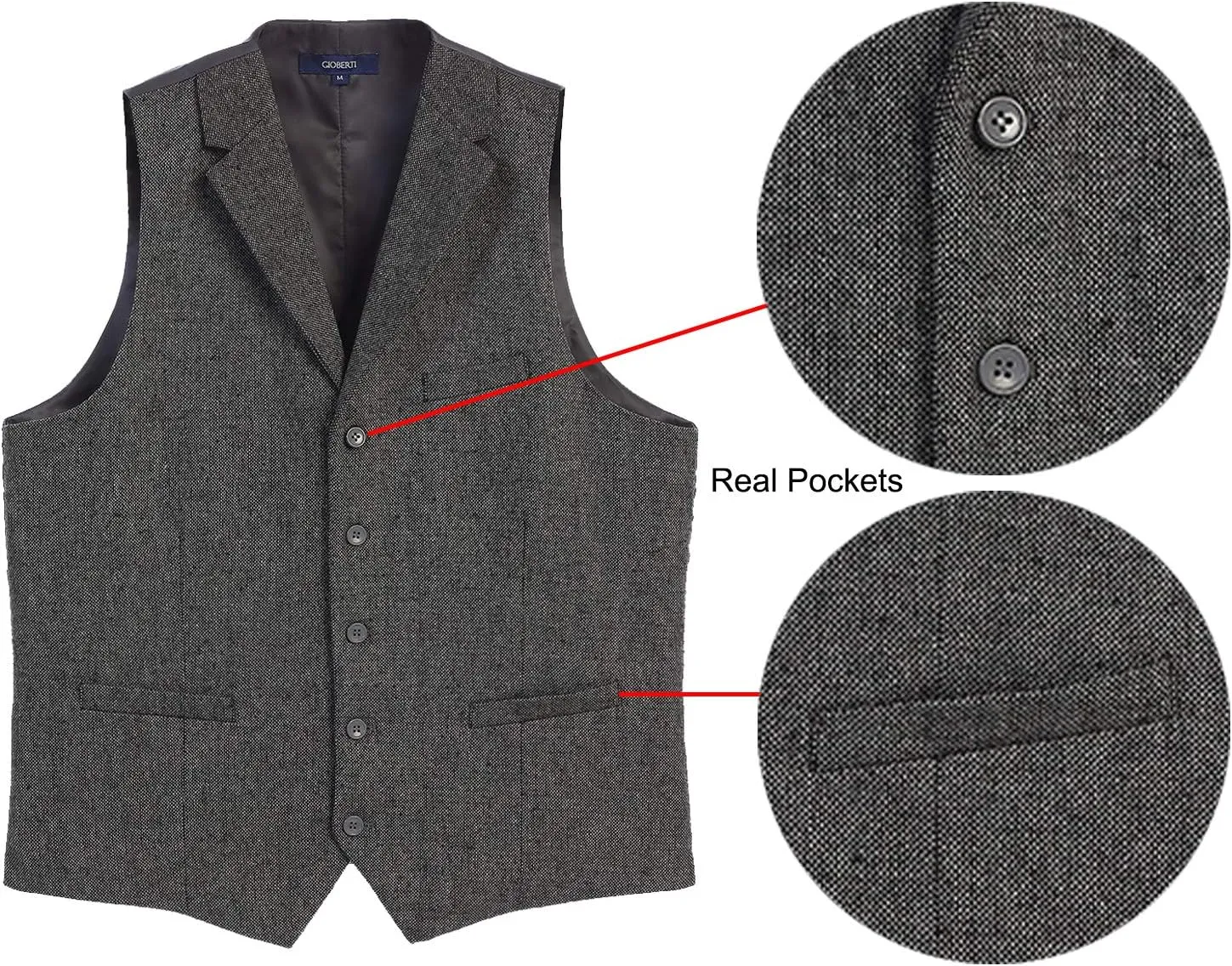 Gioberti Men's 5 Button Tailored Collar Slim Fit Formal Herringbone Tweed Suit Vest