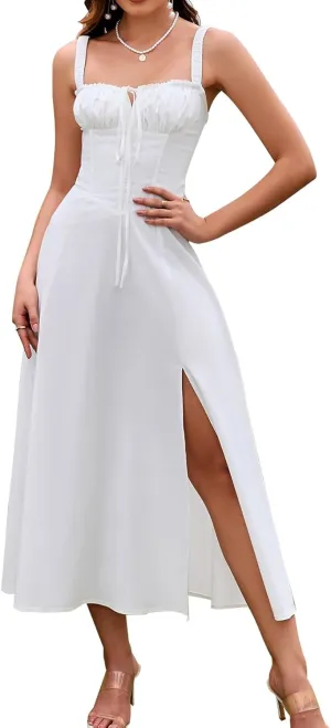 GLNEGE Women's Summer Milkmaid Midi Dresses Casual Corset Flowy Graduation Square Neck Dress Lace Up A-line Sundress 2025