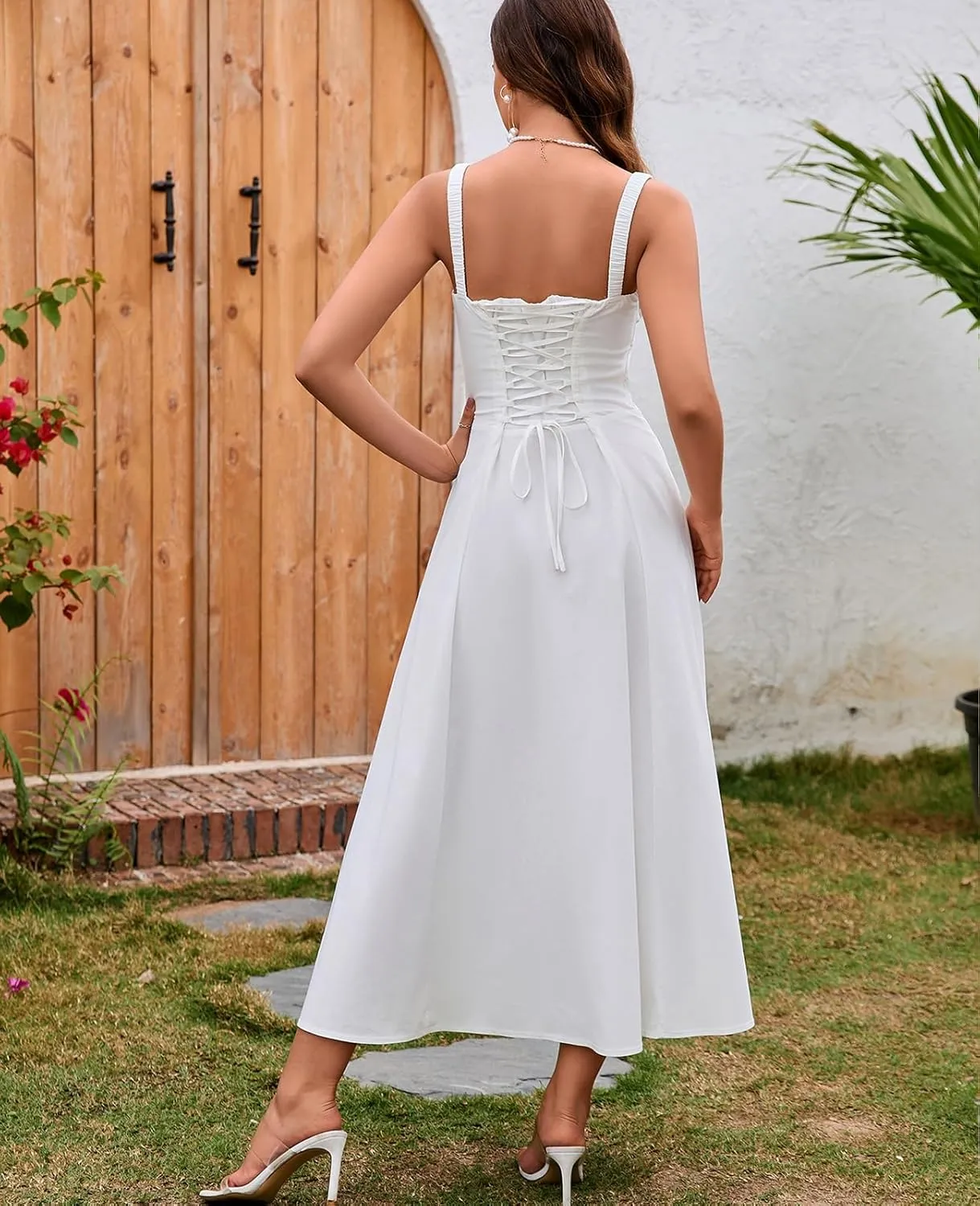 GLNEGE Women's Summer Milkmaid Midi Dresses Casual Corset Flowy Graduation Square Neck Dress Lace Up A-line Sundress 2025