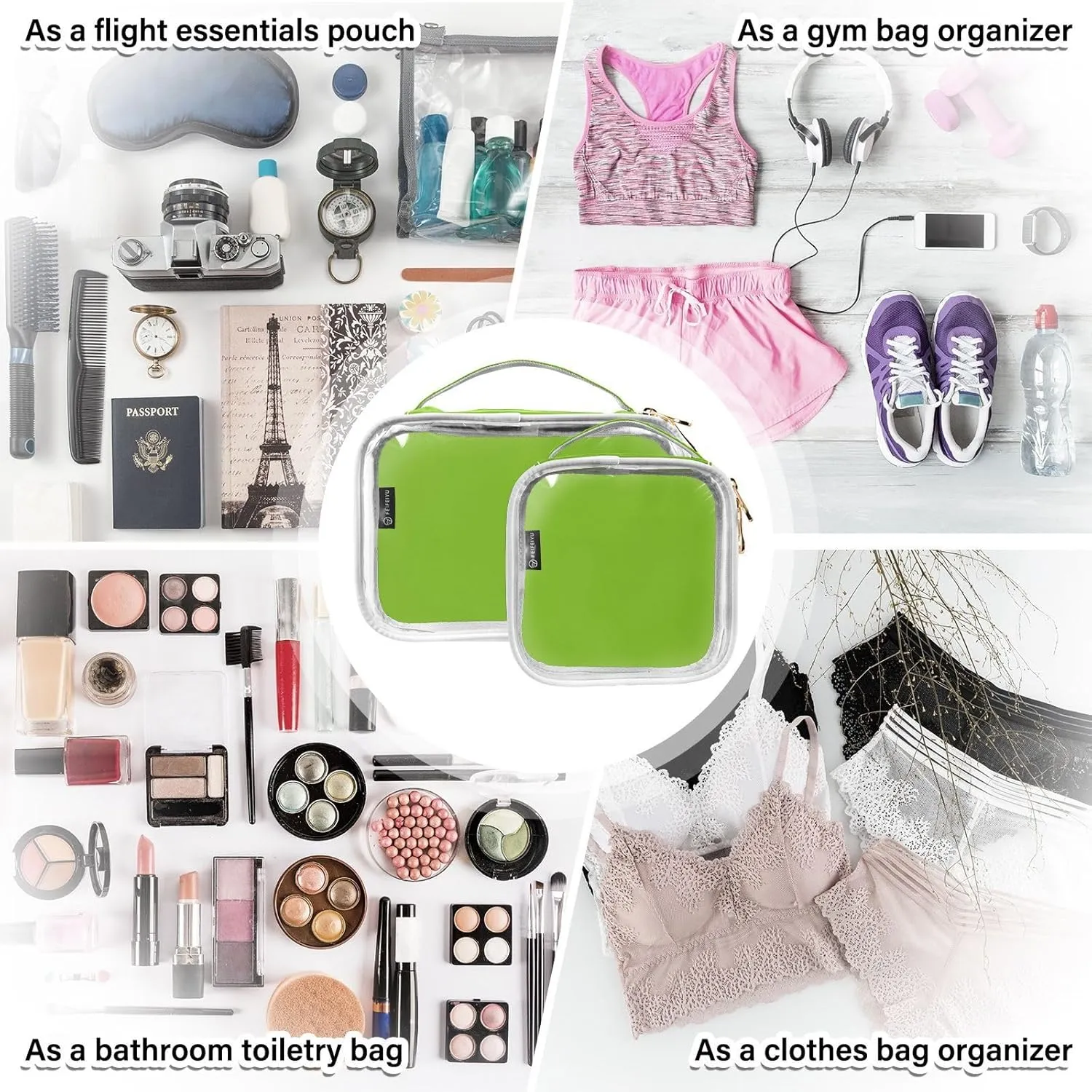 Green Clear Makeup Bags TSA Approved Toiletry Bag for Women Men Cosmetic Bags with Zipper Carry On Airport Airline Compliant Bag Quart Size PVC Travel Bags for Toiletries Business, 2 Pack