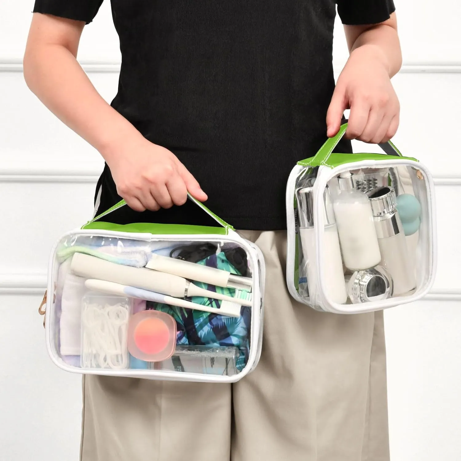 Green Clear Makeup Bags TSA Approved Toiletry Bag for Women Men Cosmetic Bags with Zipper Carry On Airport Airline Compliant Bag Quart Size PVC Travel Bags for Toiletries Business, 2 Pack
