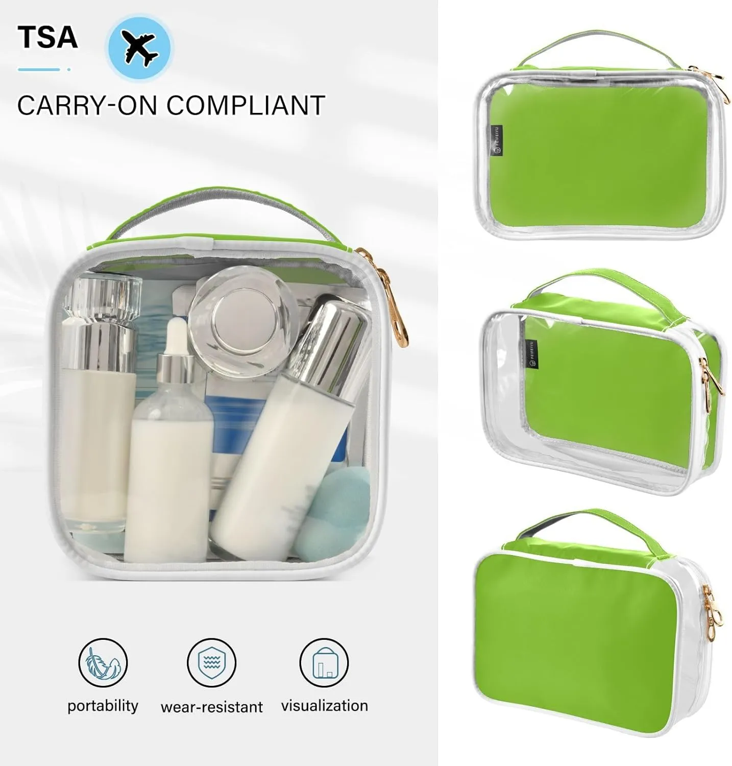 Green Clear Makeup Bags TSA Approved Toiletry Bag for Women Men Cosmetic Bags with Zipper Carry On Airport Airline Compliant Bag Quart Size PVC Travel Bags for Toiletries Business, 2 Pack