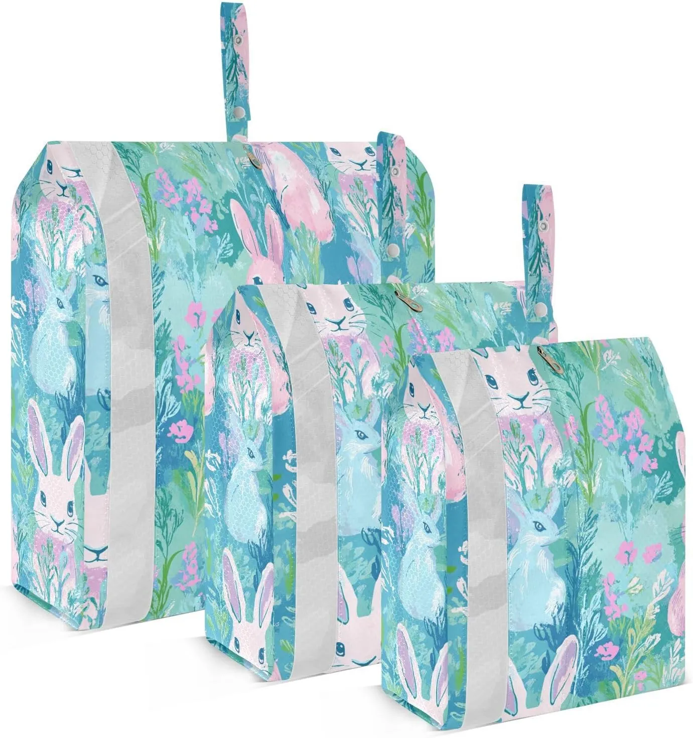 Green Peach Spring Bunnies Art 3 Set Travel Packing Cubes For Suitcases Foldable Folding Closet Organizer Plastic Storage Bags Clothing Storage