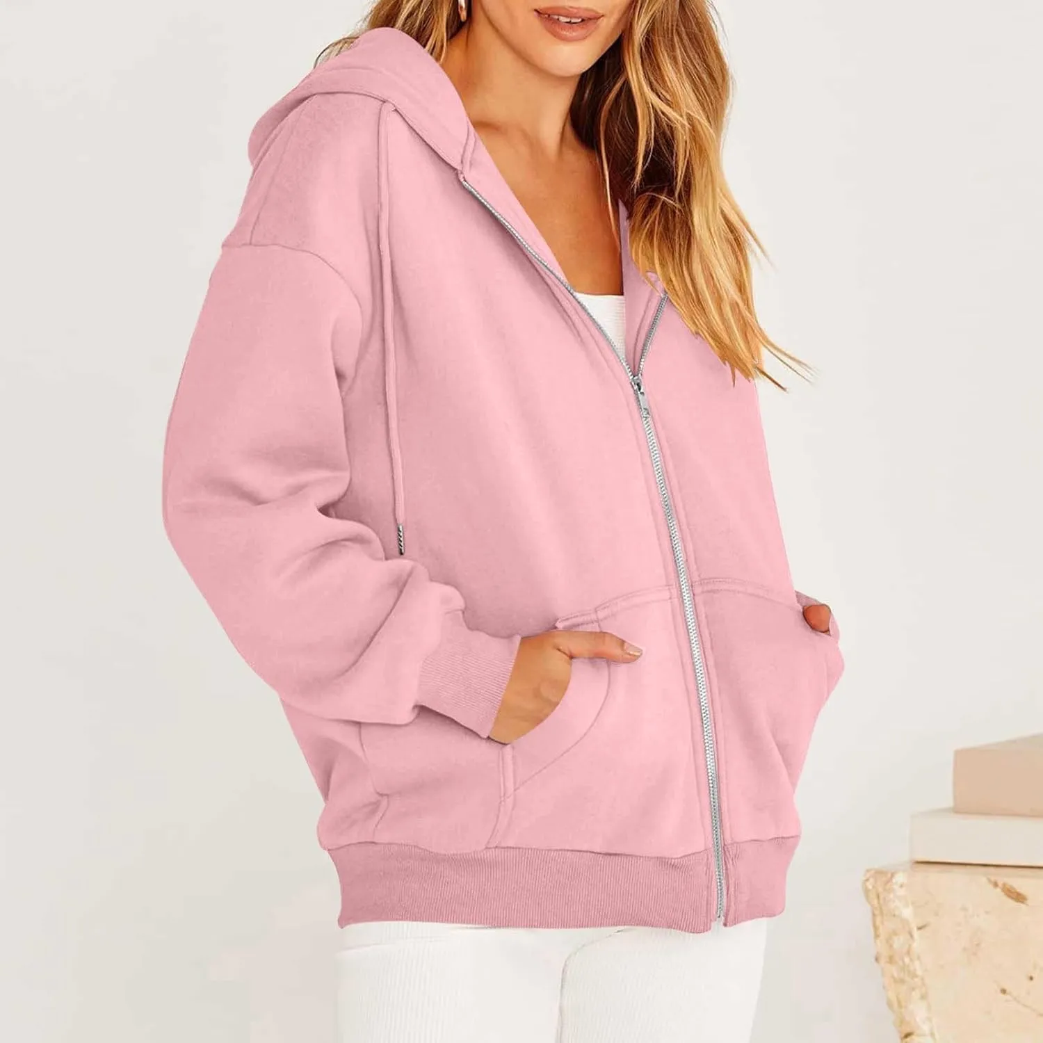 Gumipy Women Zip Up Hoodie Pullover Fleece Drawstring Oversized Sweatshirt Hoodies Long Sleeve Y2K Hoodie with Pockets