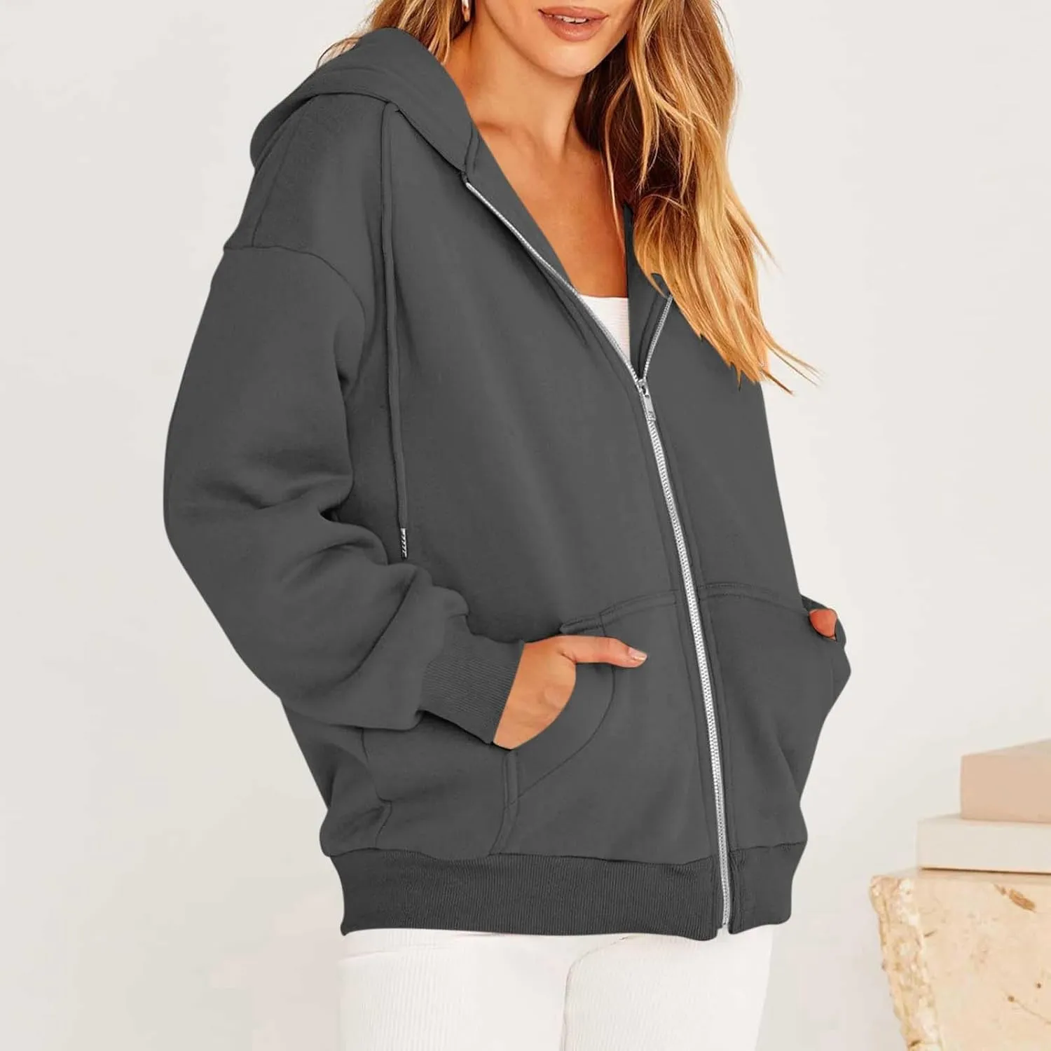 Gumipy Women Zip Up Hoodie Pullover Fleece Drawstring Oversized Sweatshirt Hoodies Long Sleeve Y2K Hoodie with Pockets