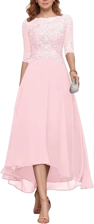 Half Sleeve Mother of The Bride Dresses for Wedding Tea Length Lace Appliques Chiffon Formal Evening Party Gown