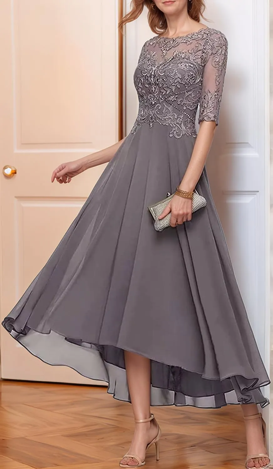 Half Sleeve Mother of The Bride Dresses for Wedding Tea Length Lace Appliques Chiffon Formal Evening Party Gown
