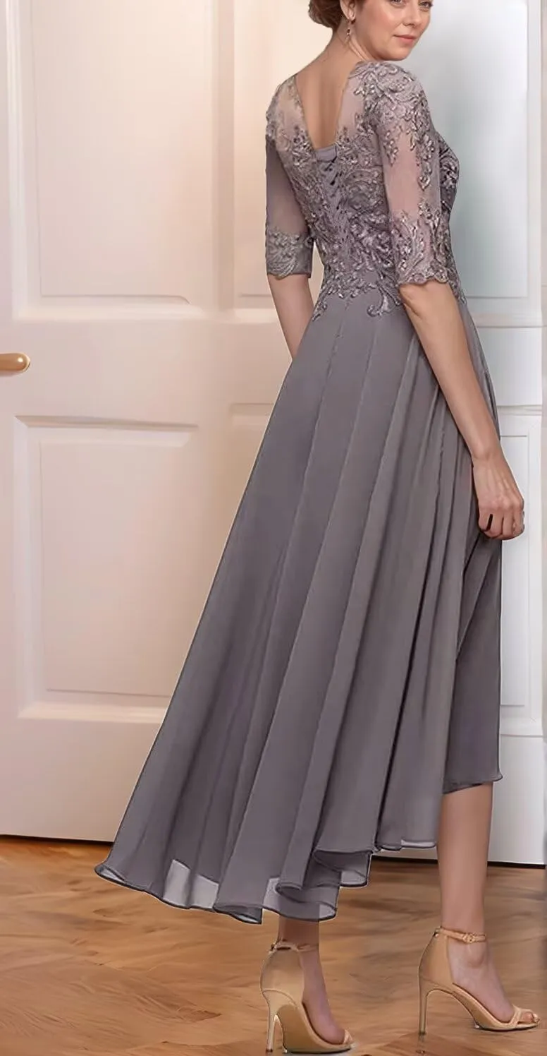 Half Sleeve Mother of The Bride Dresses for Wedding Tea Length Lace Appliques Chiffon Formal Evening Party Gown
