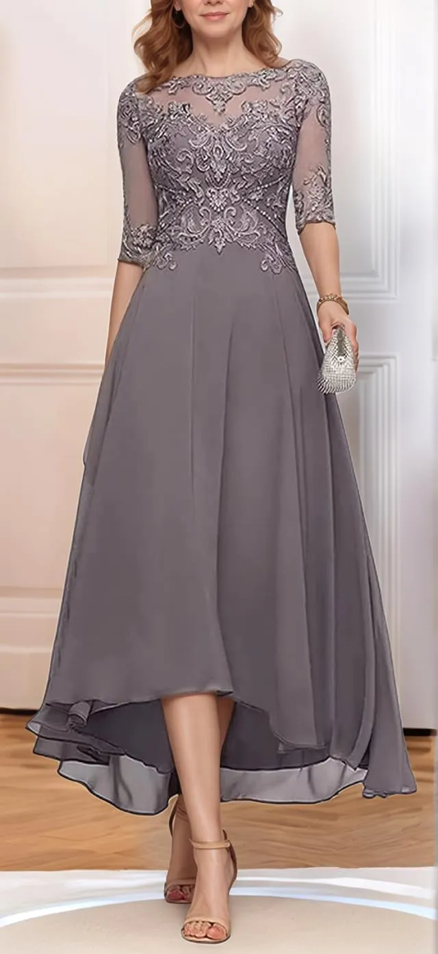 Half Sleeve Mother of The Bride Dresses for Wedding Tea Length Lace Appliques Chiffon Formal Evening Party Gown