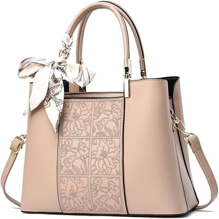 Handbag Women Lady Stylish Print Cross-Body Bag Tote Bags Leisure Solid Color Shoulder Bags with Silk Ribbon
