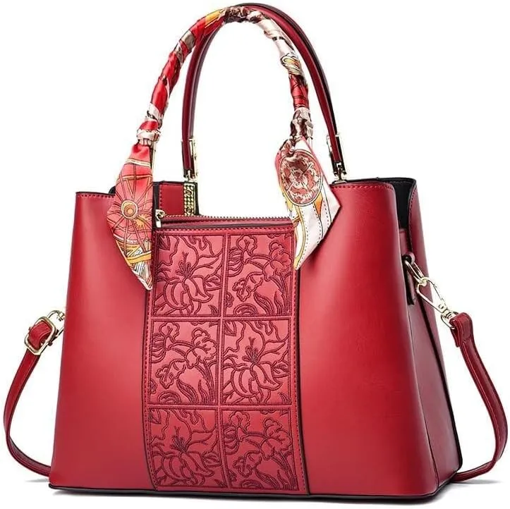 Handbag Women Lady Stylish Print Cross-Body Bag Tote Bags Leisure Solid Color Shoulder Bags with Silk Ribbon